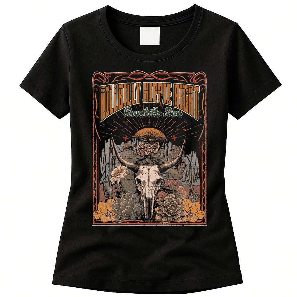 Hillbilly Hippie Right Down To The Bone Bullskull Country Womens T-Shirt