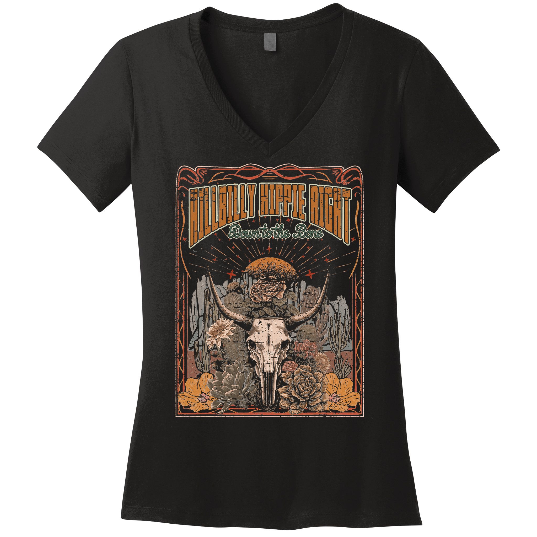 Hillbilly Hippie Right Down To The Bone Bullskull Country Women's V-Neck T-Shirt