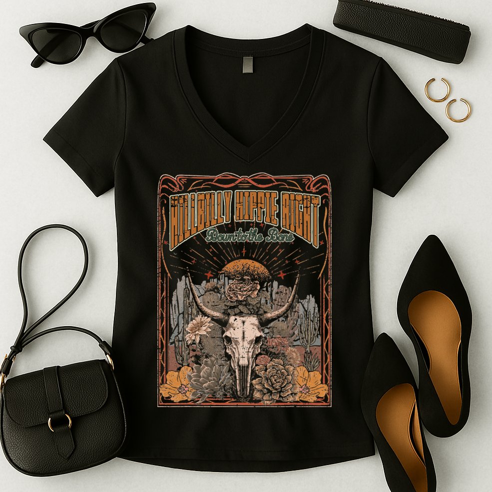 Hillbilly Hippie Right Down To The Bone Bullskull Country Women's V-Neck T-Shirt