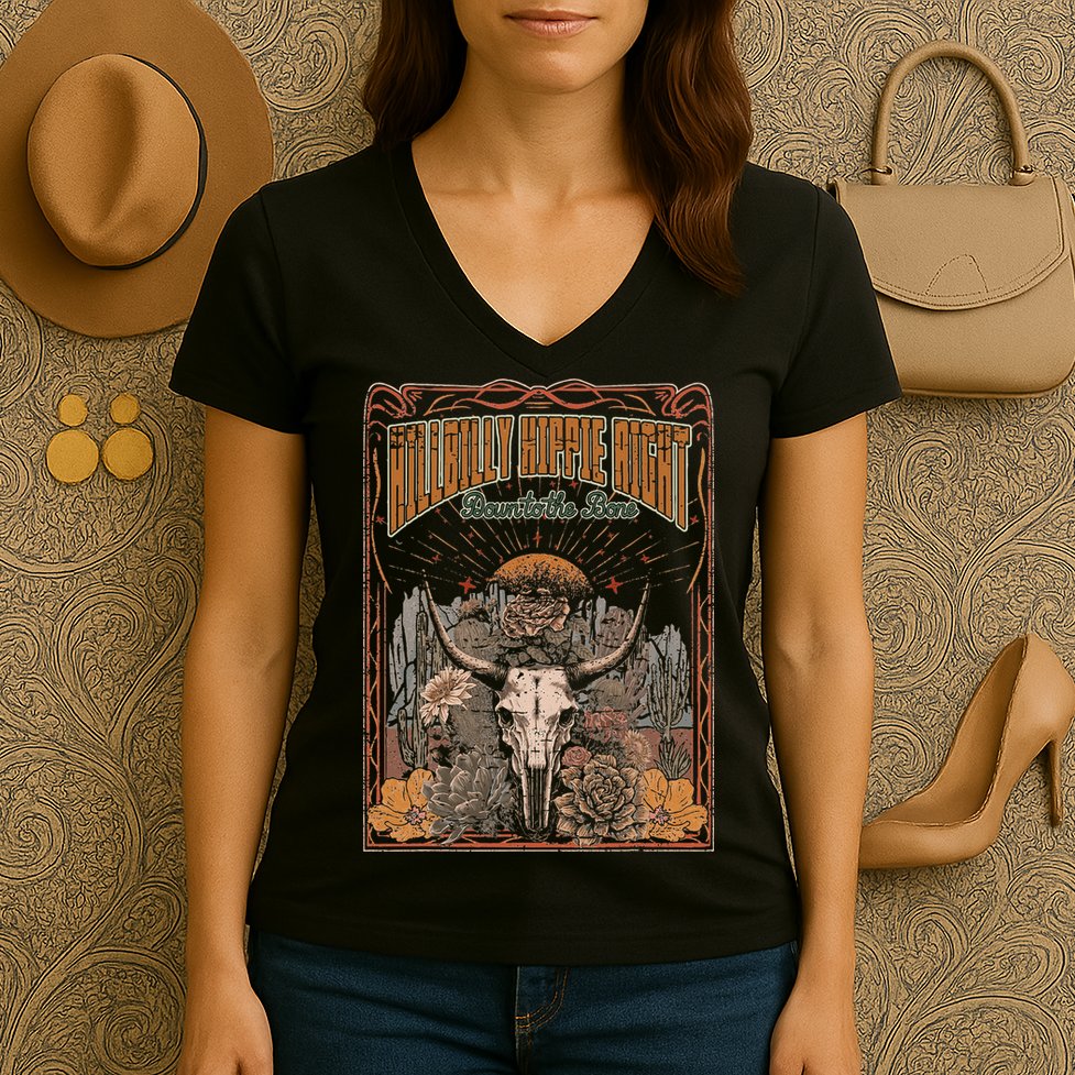 Hillbilly Hippie Right Down To The Bone Bullskull Country Women's V-Neck T-Shirt