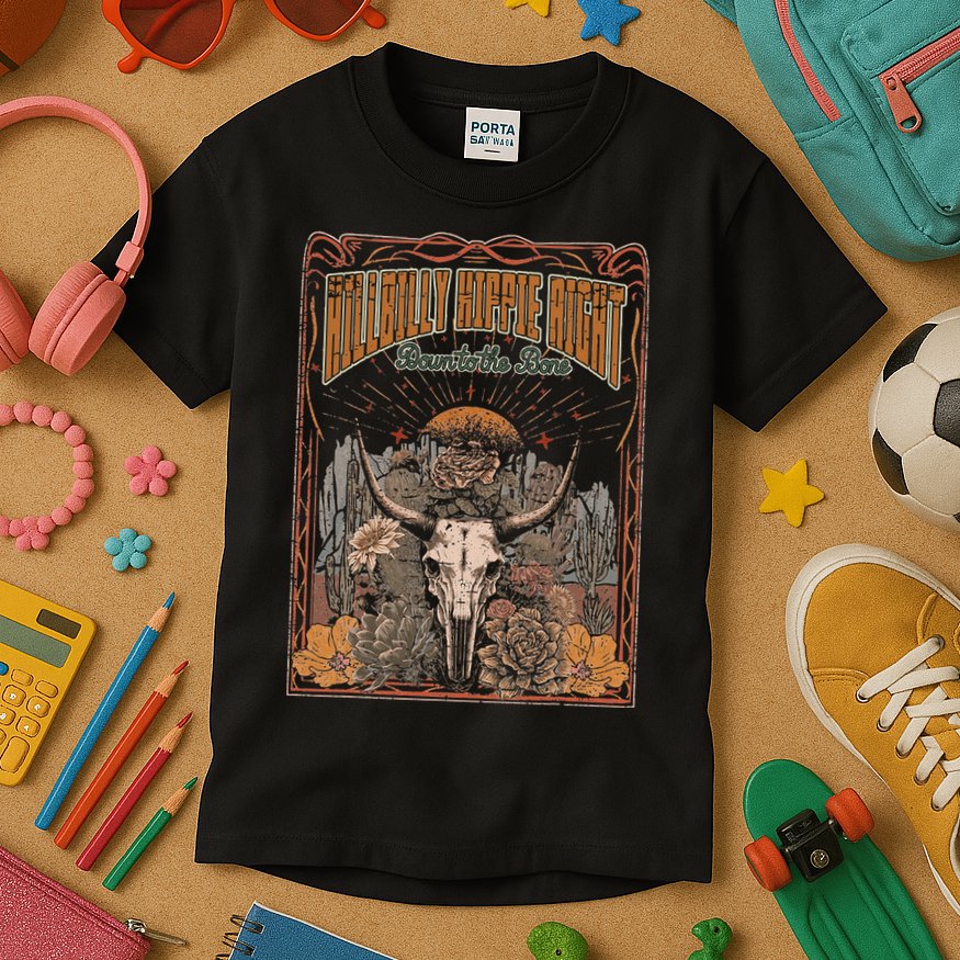 Hillbilly Hippie Right Down To The Bone Bullskull Country Kids T-Shirt