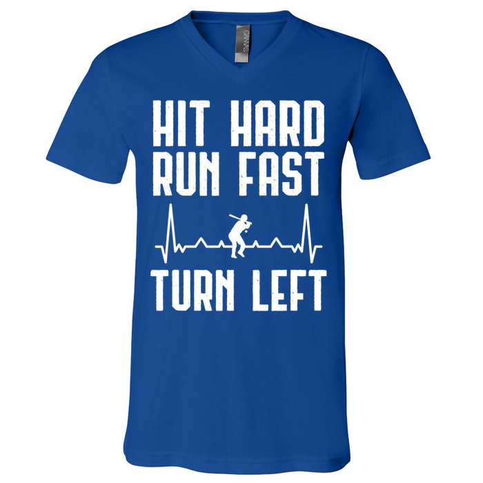 Hit Hard Run Fast Turn Left Baseball Player Technique Cute Gift V-Neck T-Shirt