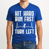 Hit Hard Run Fast Turn Left Baseball Player Technique Cute Gift V-Neck T-Shirt