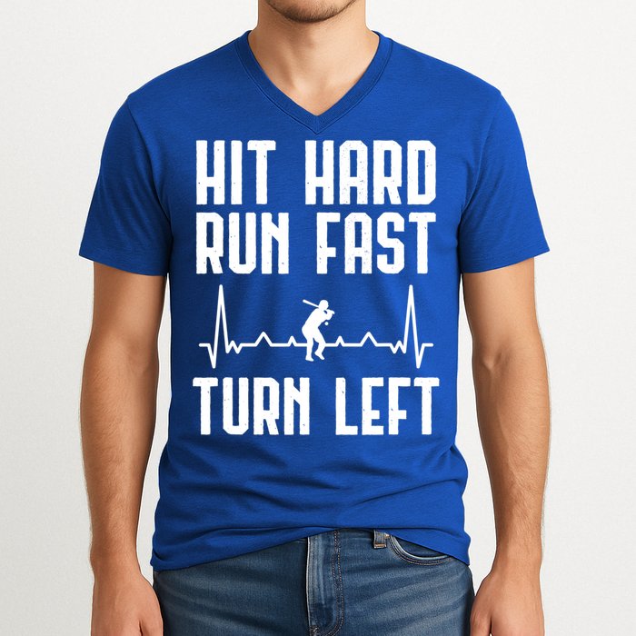 Hit Hard Run Fast Turn Left Baseball Player Technique Cute Gift V-Neck T-Shirt