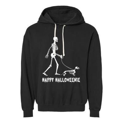 Happy Halloweenie Skeleton Walking Dachshund Dog Halloween Garment-Dyed Fleece Hoodie