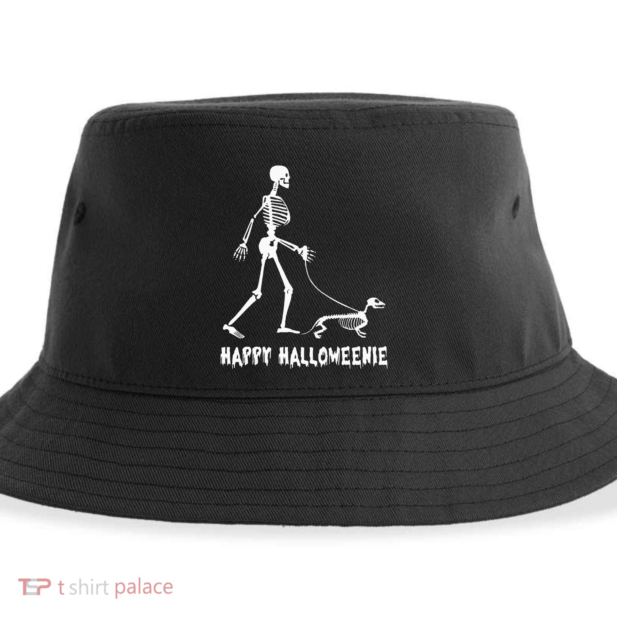 Happy Halloweenie Skeleton Walking Dachshund Dog Halloween Sustainable Bucket Hat