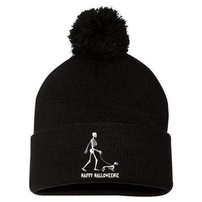 Happy Halloweenie Skeleton Walking Dachshund Dog Halloween Pom Pom 12in Knit Beanie