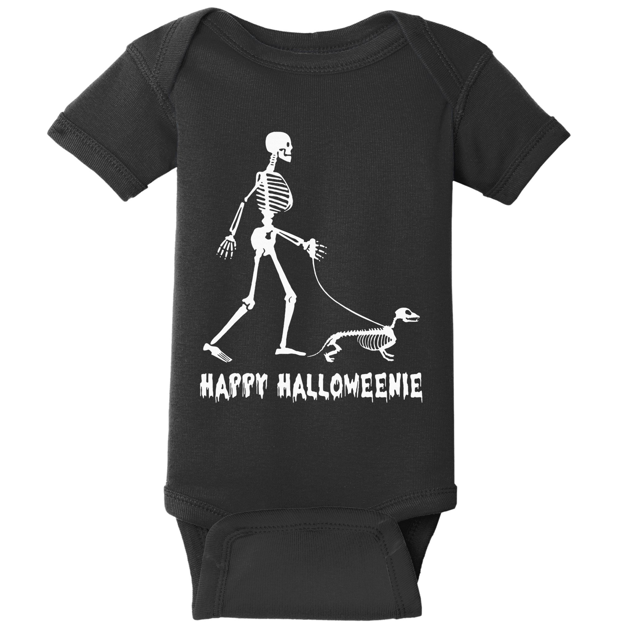 Happy Halloweenie Skeleton Walking Dachshund Dog Halloween Baby Bodysuit