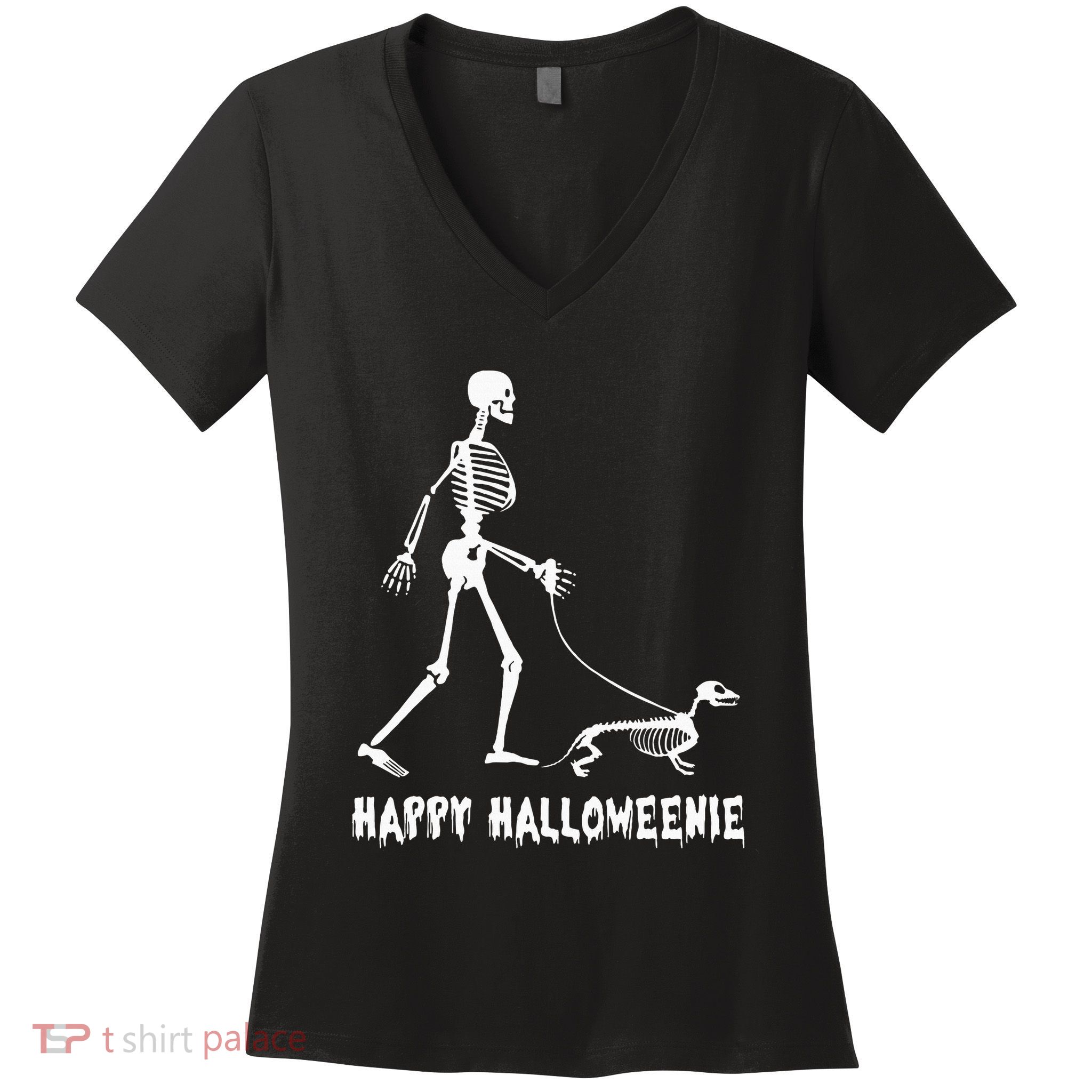 Happy Halloweenie Skeleton Walking Dachshund Dog Halloween Women's V-Neck T-Shirt