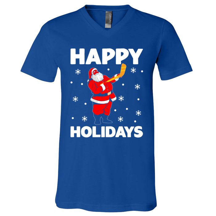 Happy Holidays Santa Ice Hockey Stick Santa Ice Hockey Game Meaningful Gift V-Neck T-Shirt