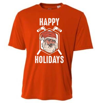 Happy Holidays Santa Ice Hockey Stick Santa Ice Hockey Game Gift Cooling Performance Crew T-Shirt