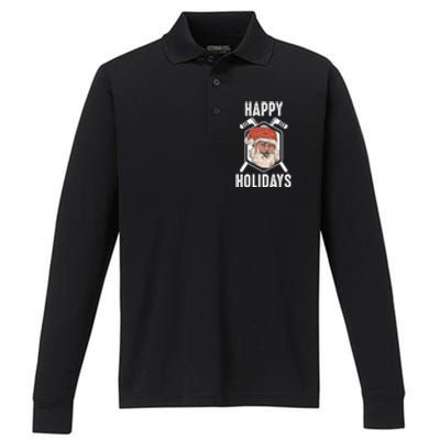 Happy Holidays Santa Ice Hockey Stick Santa Ice Hockey Game Gift Performance Long Sleeve Polo