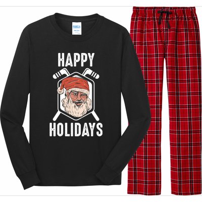 Happy Holidays Santa Ice Hockey Stick Santa Ice Hockey Game Gift Long Sleeve Pajama Set