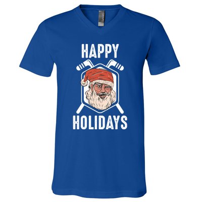 Happy Holidays Santa Ice Hockey Stick Santa Ice Hockey Game Gift V-Neck T-Shirt