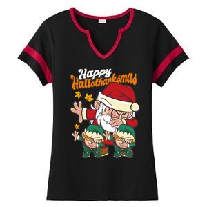 Happy Hallotthanksmas Santa And His Elves Ladies Halftime Notch Neck Tee