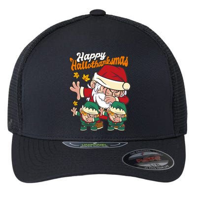 Happy Hallotthanksmas Santa And His Elves Flexfit Unipanel Trucker Cap