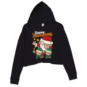 Happy Hallotthanksmas Santa And His Elves Crop Fleece Hoodie