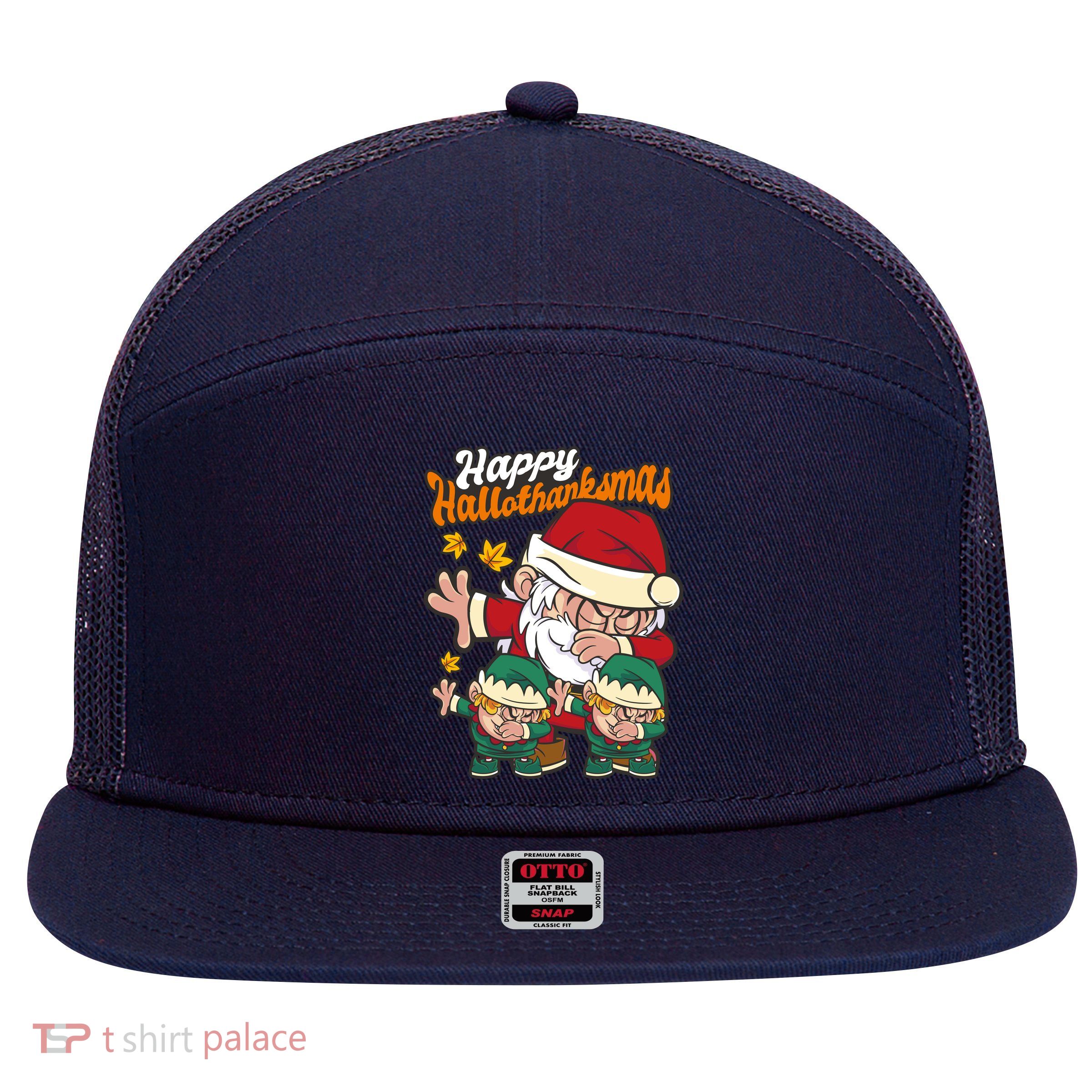 Happy Hallotthanksmas Santa And His Elves 7 Panel Mesh Trucker Snapback Hat