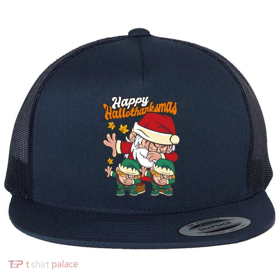 Happy Hallotthanksmas Santa And His Elves Flat Bill Trucker Hat