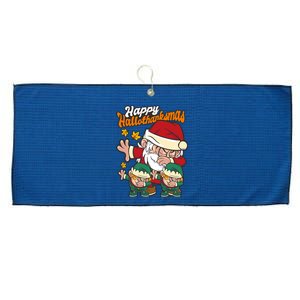 Happy Hallotthanksmas Santa And His Elves Large Microfiber Waffle Golf Towel