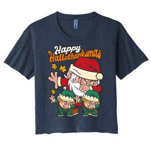 Happy Hallotthanksmas Santa And His Elves Women's Crop Top Tee