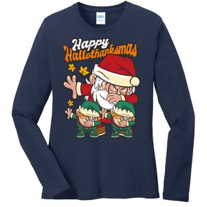 Happy Hallotthanksmas Santa And His Elves Ladies Long Sleeve Shirt