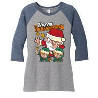 Happy Hallotthanksmas Santa And His Elves Women's Tri-Blend 3/4-Sleeve Raglan Shirt