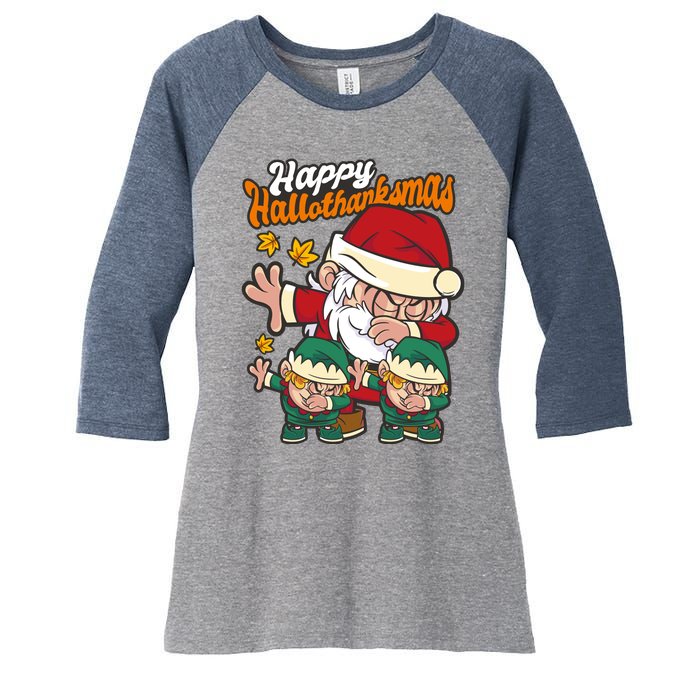 Happy Hallotthanksmas Santa And His Elves Women's Tri-Blend 3/4-Sleeve Raglan Shirt