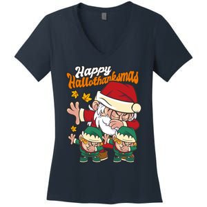 Happy Hallotthanksmas Santa And His Elves Women's V-Neck T-Shirt