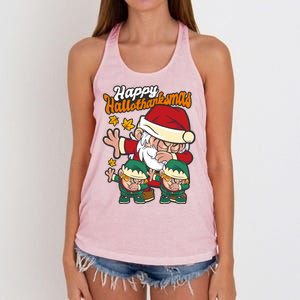 Happy Hallotthanksmas Santa And His Elves Women's Knotted Racerback Tank