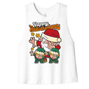 Happy Hallotthanksmas Santa And His Elves Women's Racerback Cropped Tank