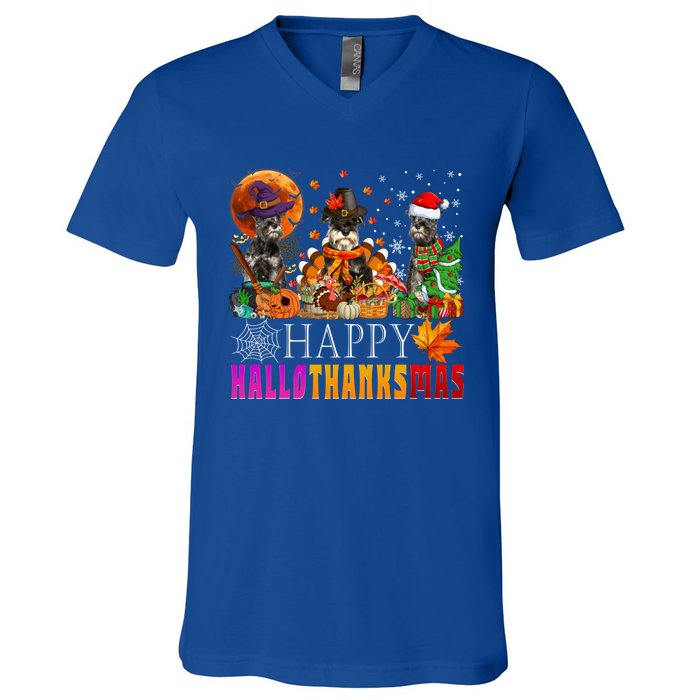 Happy Hallothanksmas Schnauzer Dog Lover Halloween Christmas Gift V-Neck T-Shirt