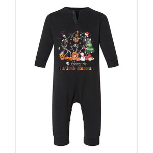 Happy Hallothanksmas Skeleton Halloween Thanksgiving Xmas Infant Fleece One Piece