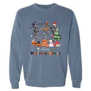 Happy Hallothanksmas Skeleton Halloween Thanksgiving Xmas Garment-Dyed Sweatshirt