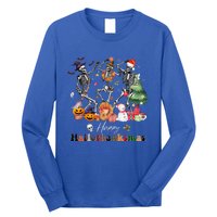 Happy Hallothanksmas Skeleton Halloween Thanksgiving Xmas Long Sleeve Shirt