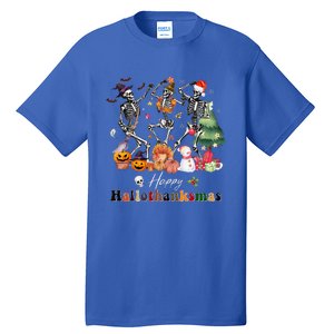 Happy Hallothanksmas Skeleton Halloween Thanksgiving Xmas Tall T-Shirt