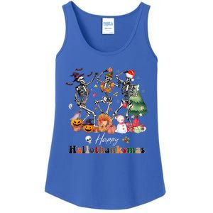 Happy Hallothanksmas Skeleton Halloween Thanksgiving Xmas Ladies Essential Tank