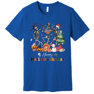 Happy Hallothanksmas Skeleton Halloween Thanksgiving Xmas Premium T-Shirt