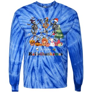 Happy Hallothanksmas Skeleton Halloween Thanksgiving Xmas Tie-Dye Long Sleeve Shirt