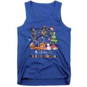 Happy Hallothanksmas Skeleton Halloween Thanksgiving Xmas Tank Top