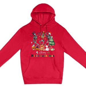 Happy Hallothanksmas Skeleton Halloween Thanksgiving Xmas Premium Pullover Hoodie