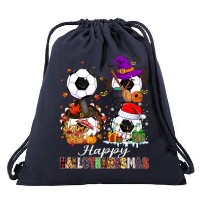 Happy Hallothanksmas Soccer Halloween Thanksgiving Xmas Great Gift Drawstring Bag