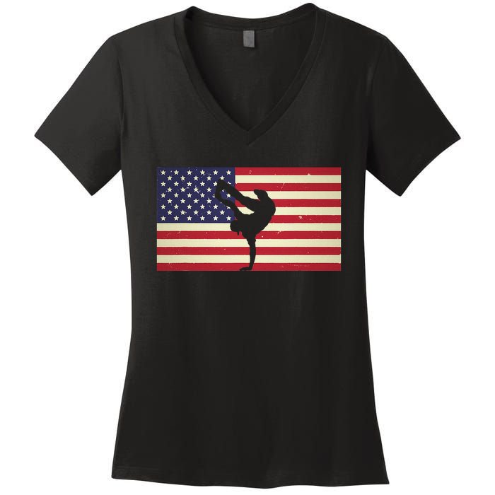 Hip Hop Street Break Dancing Teacher Patriotic American Flag Women's V-Neck T-Shirt