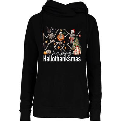 Happy Hallothanksmas Skeleton Turkey Christmas Halloween Womens Funnel Neck Pullover Hood