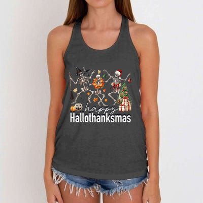 Happy Hallothanksmas Skeleton Turkey Christmas Halloween Women's Knotted Racerback Tank