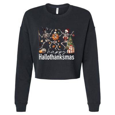 Happy Hallothanksmas Skeleton Turkey Christmas Halloween Cropped Pullover Crew