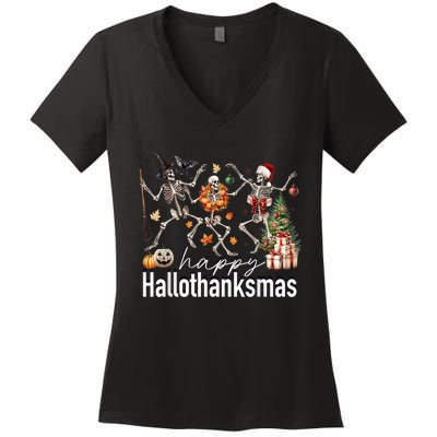 Happy Hallothanksmas Skeleton Turkey Christmas Halloween Women's V-Neck T-Shirt