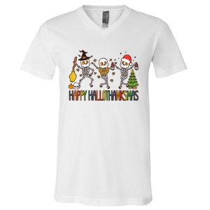 Happy Hallothanksmas Skeleton Halloween Thanksgiving Xmas V-Neck T-Shirt