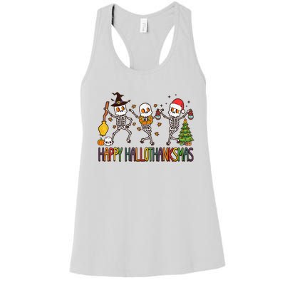 Happy Hallothanksmas Skeleton Halloween Thanksgiving Xmas Women's Racerback Tank