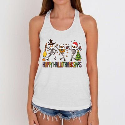 Happy Hallothanksmas Skeleton Halloween Thanksgiving Xmas Women's Knotted Racerback Tank